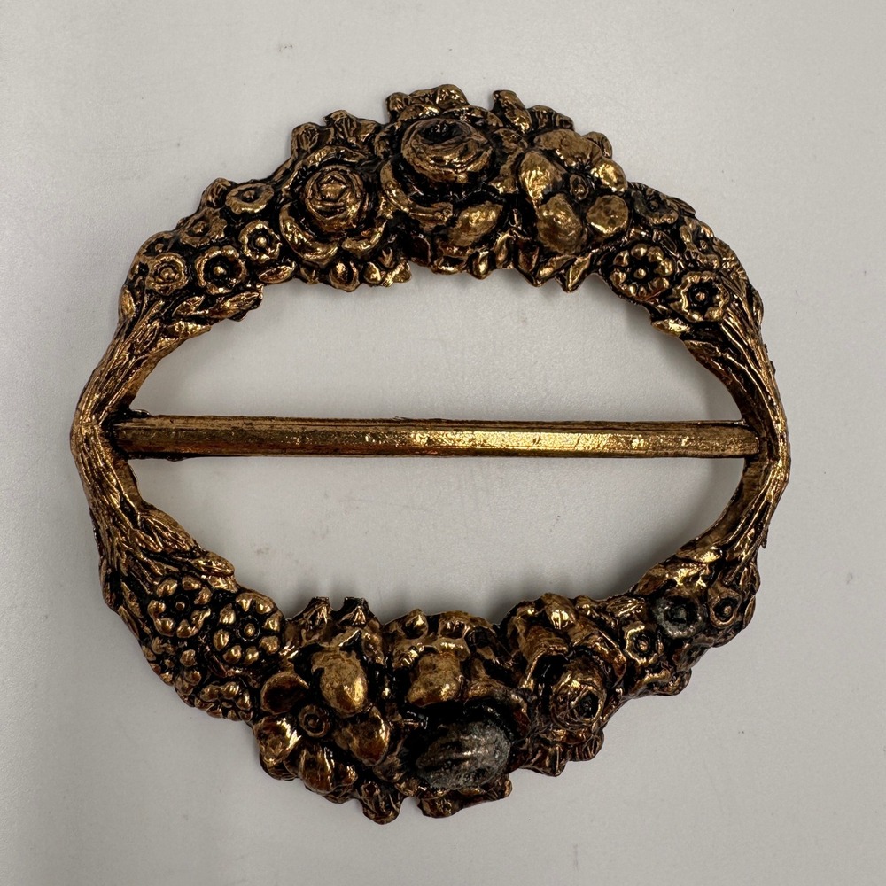Vintage Floral Wreath Scarf Slide Buckle Antiqued Gold Tone Rose Detail Oval